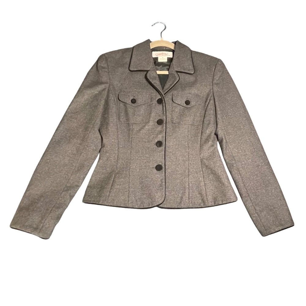 Susie Tompkins Vintage 100% Wool Blazer Jacket‎ Gray Size 4 Tailored Velvet Trim